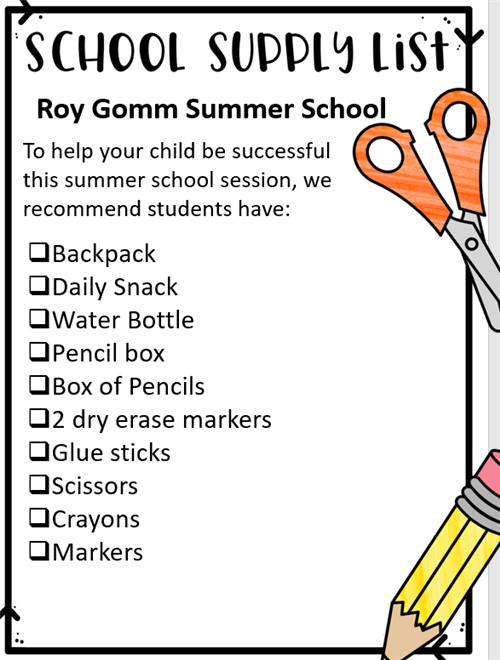 Summer School Supply List 